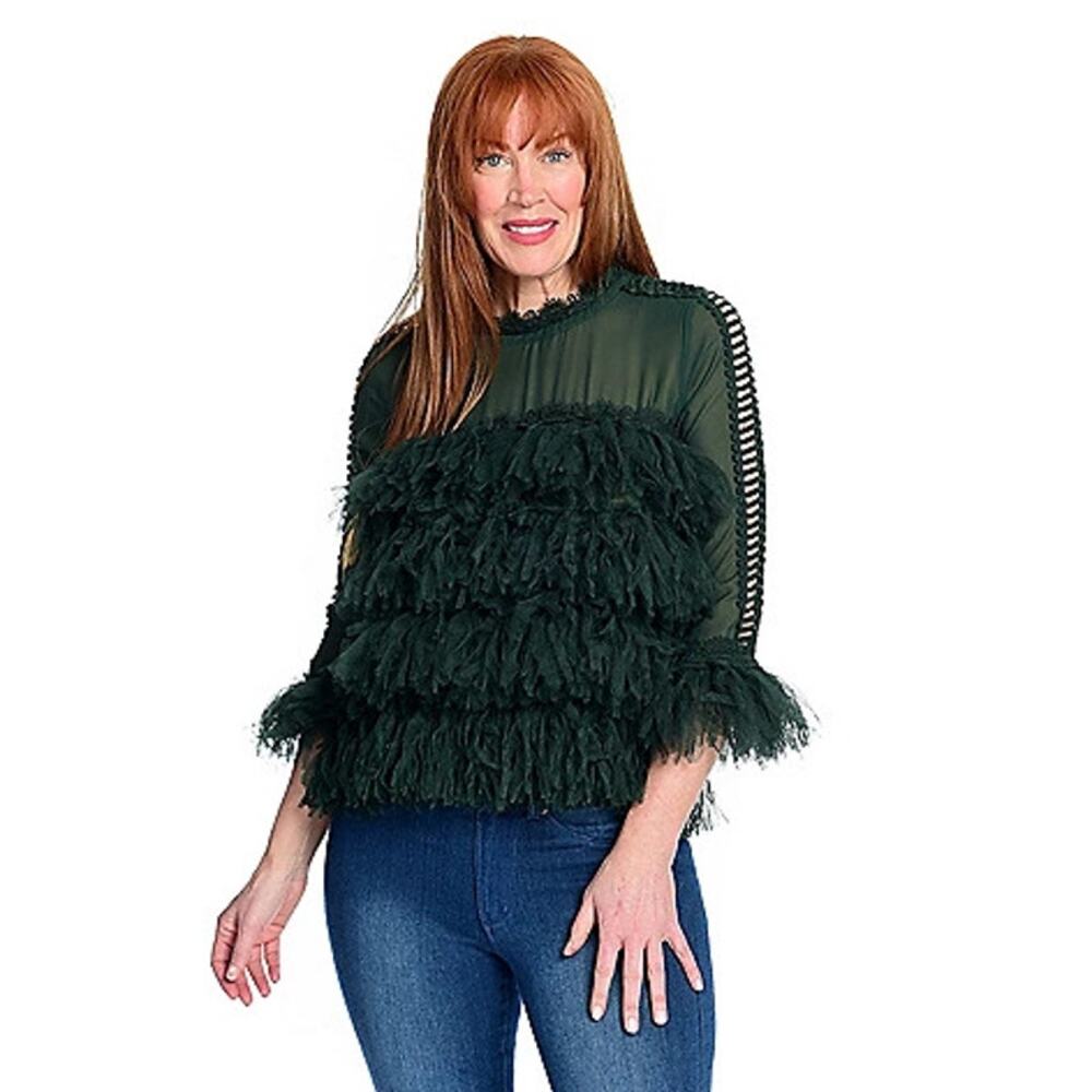 Mod X Evergreen Mesh Ladder Lace Sleeve Keyhole Back Tiered Tulle Top Women's XS